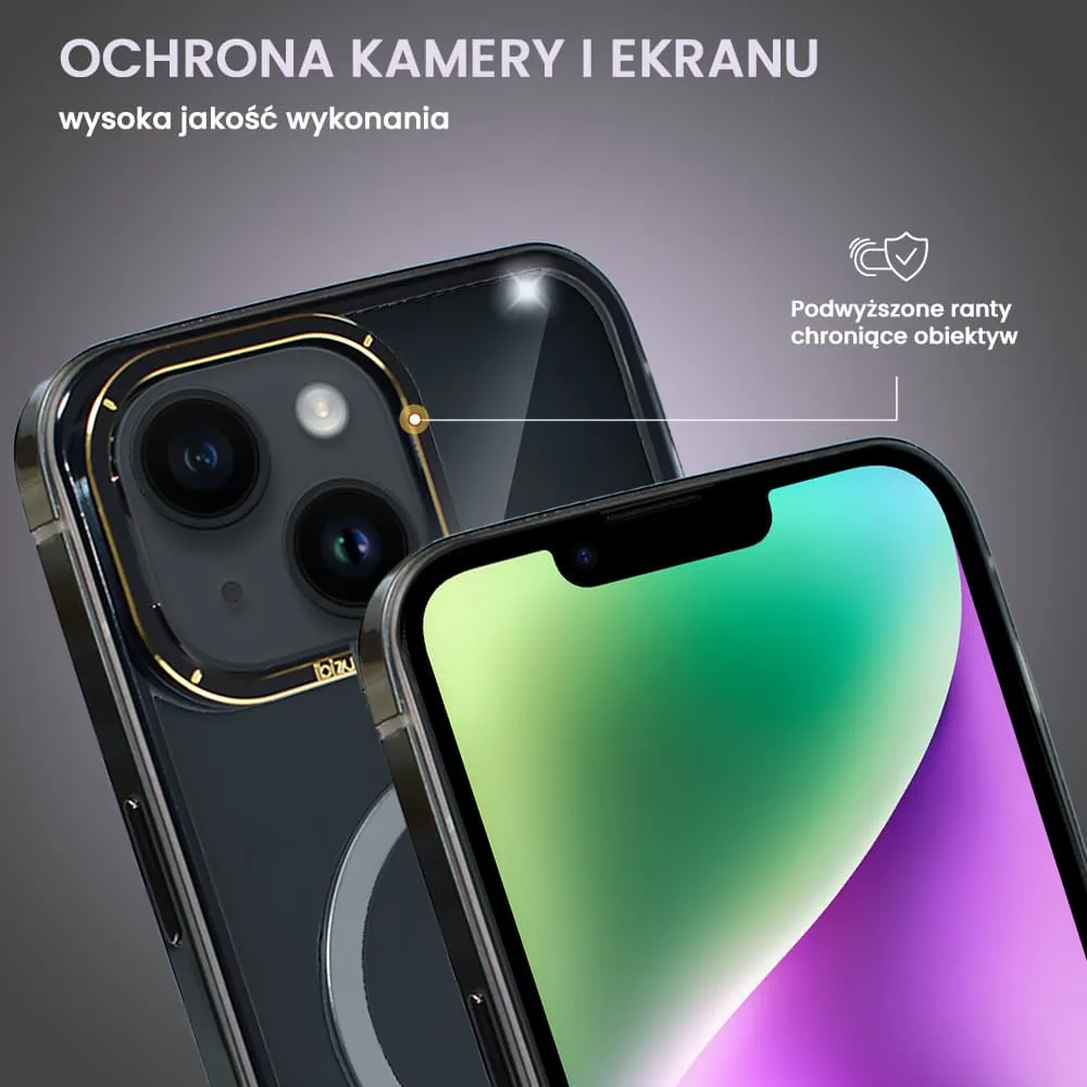 Etui do iPhone 14, Ibizu Elite Skin Cam Ring, krystalicznie czyste z metalową ramką, czarne z Magsafe