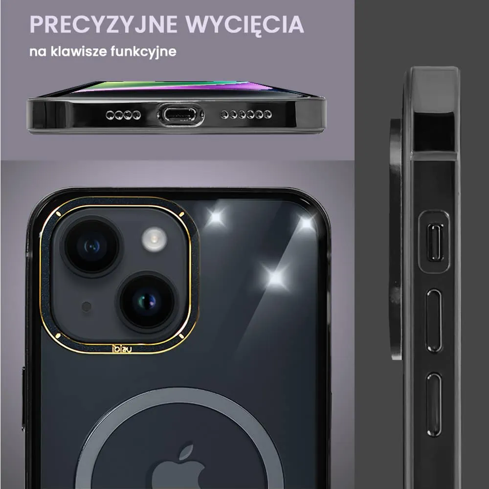 Etui do iPhone 14, Ibizu Elite Skin Cam Ring, krystalicznie czyste z metalową ramką, czarne z Magsafe