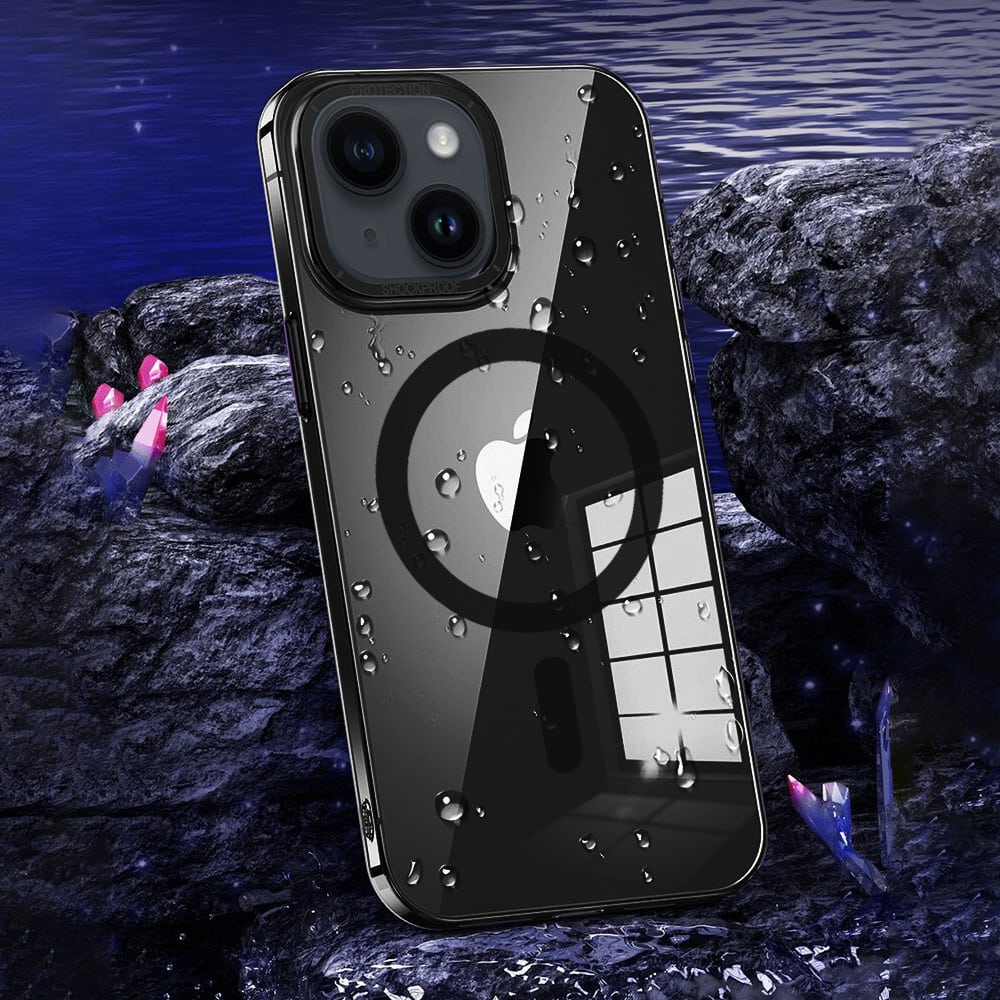 Etui do iPhone 14 Cam Ring MagSafe, twardy tył, przeźroczyste, czarne