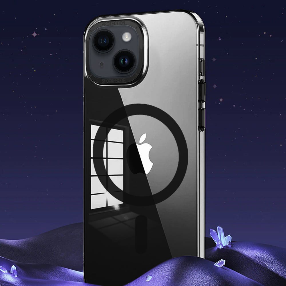 Etui do iPhone 14 Cam Ring MagSafe, twardy tył, przeźroczyste, czarne