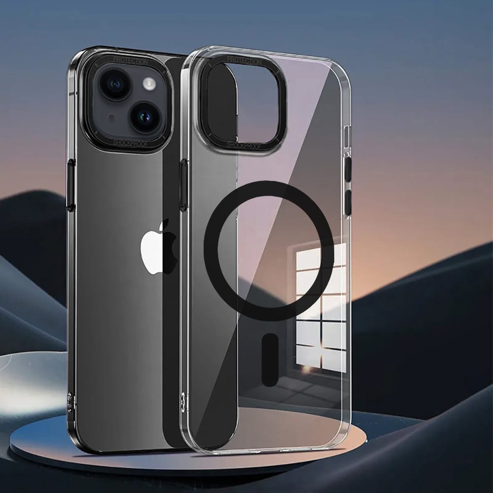 Etui do iPhone 14 Cam Ring MagSafe, twardy tył, przeźroczyste, czarne