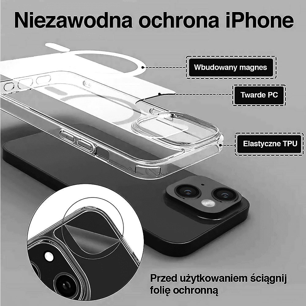 Etui do iPhone 15 Plus Clear Case, twardy tył z MagSafe, przeźroczyste