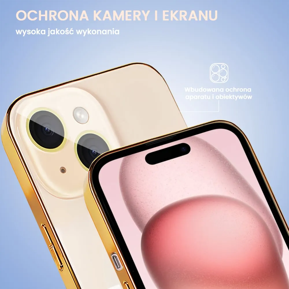Etui do iPhone 15 Plus Jolly Magsafe Protect, z osłoną obiektywów, pastelowy róż ze złotą ramką