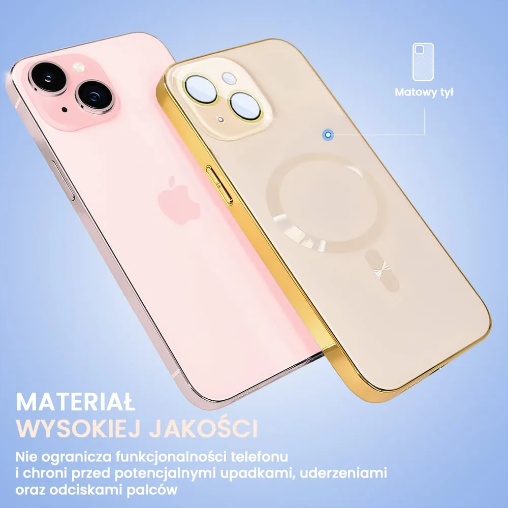 Etui do iPhone 15 Plus Jolly Magsafe Protect, z osłoną obiektywów, pastelowy róż ze złotą ramką