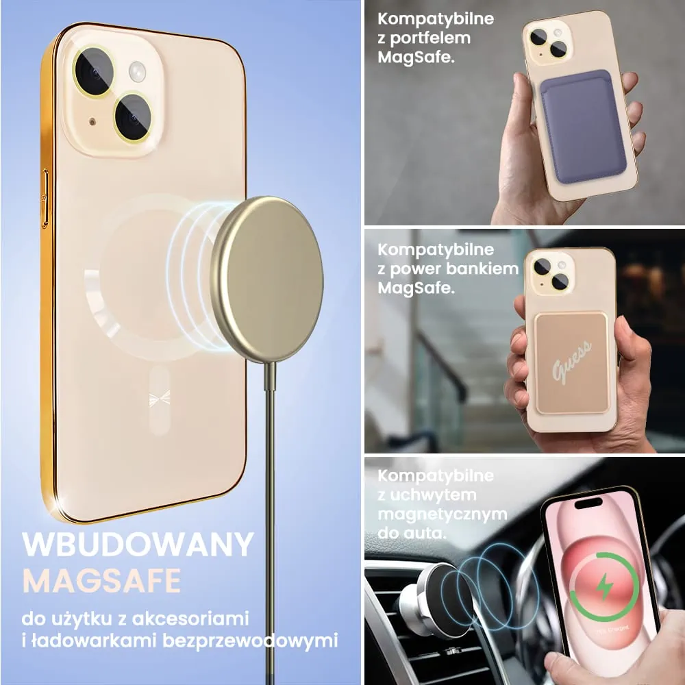 Etui do iPhone 15 Plus Jolly Magsafe Protect, z osłoną obiektywów, pastelowy róż ze złotą ramką