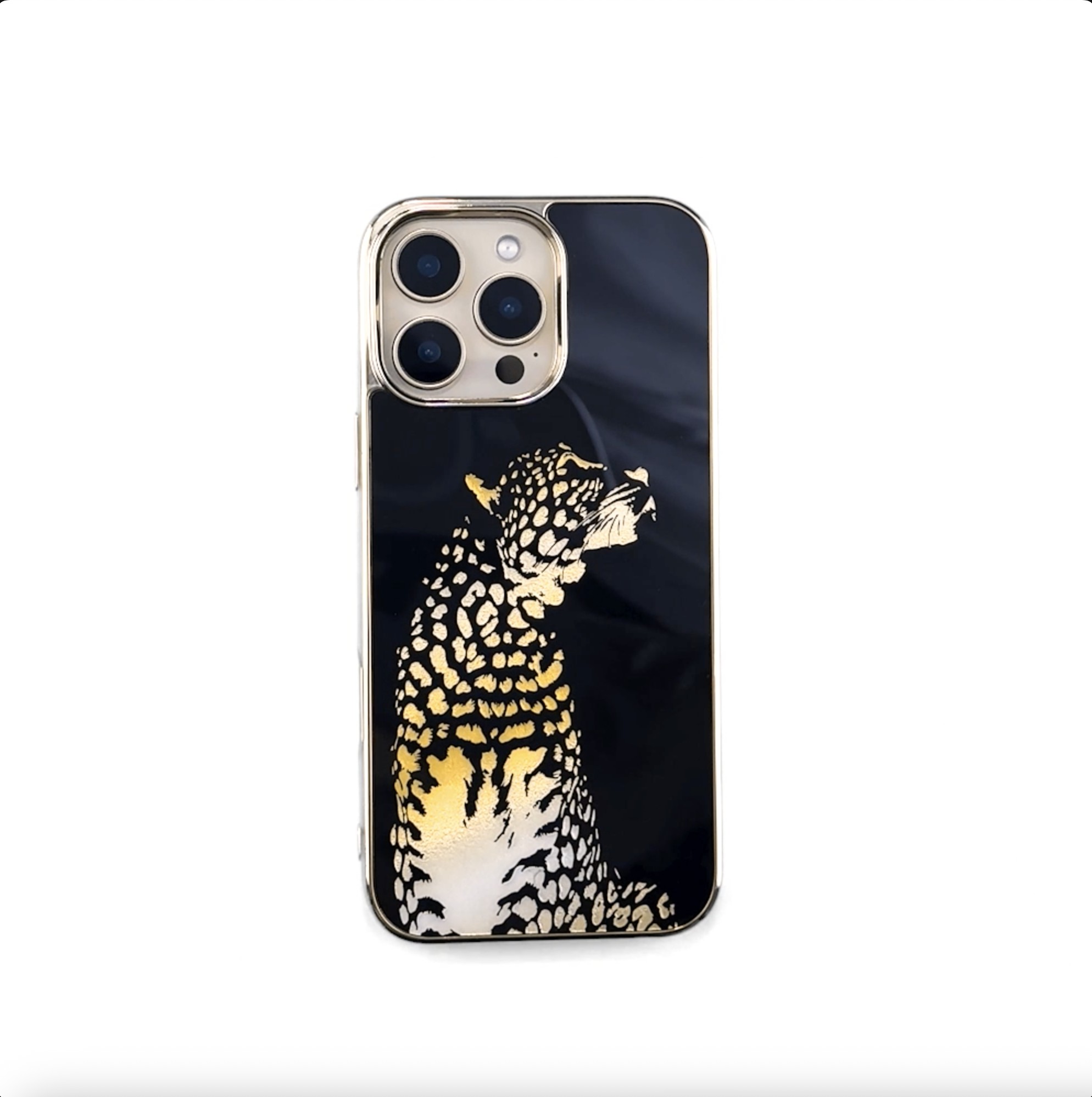 Etui do iPhone 16 Pro, Elite Glass z MagSafe, szklany tył, Golden Midnight, Lampart, złote