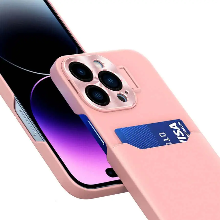 Etui do iPhone 14 Pro Max Leather Stand z osłoną na aparat, miejscem na kartę i podstawką, różowe