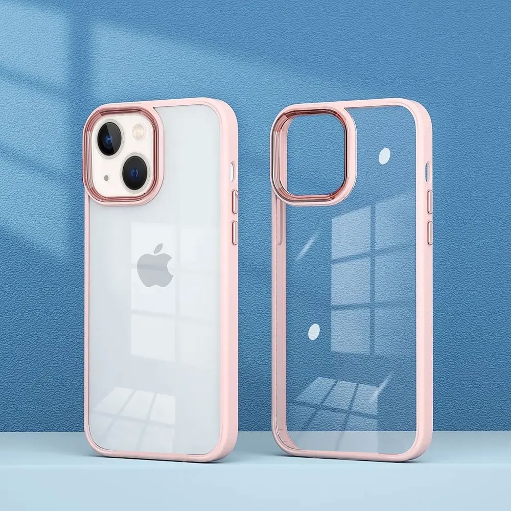 Etui do iPhone 13 przeźroczyste, twardy tył, ramka pudrowy róż (OUTLET)