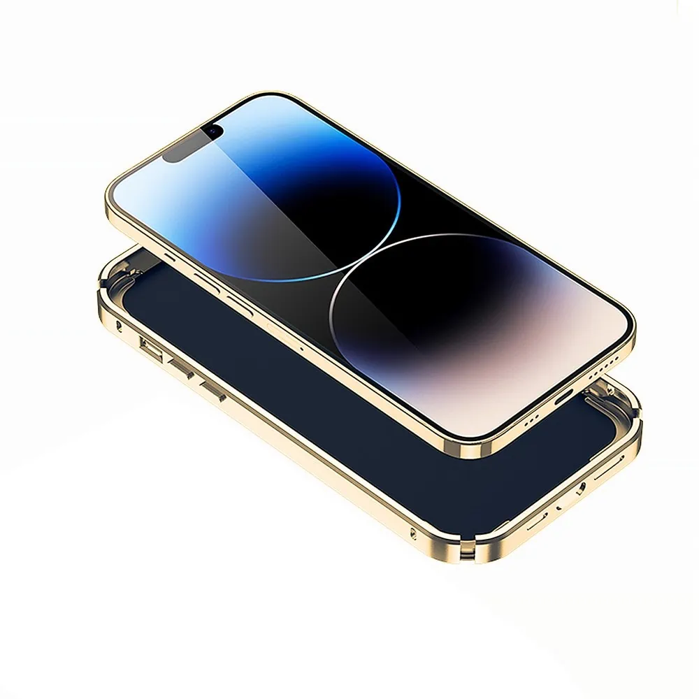 Etui do iPhone 14 Pro Max Tech Works, aluminiowa ramka, matowy tył, złote