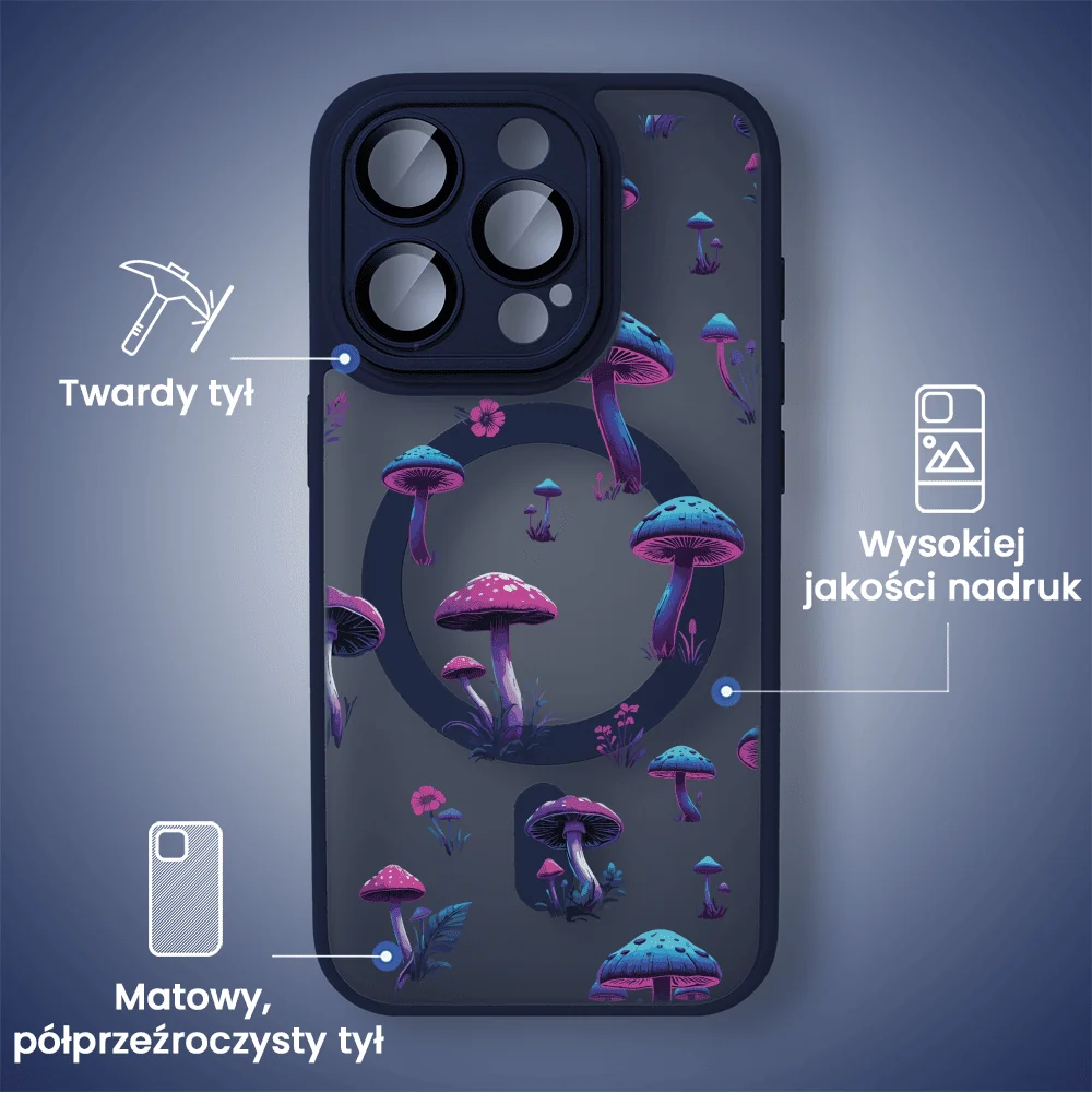 Etui do iPhone 15 Pro Color Flush z Magsafe, z osłoną aparatu, z nadrukiem magiczne grzybki, granatowe