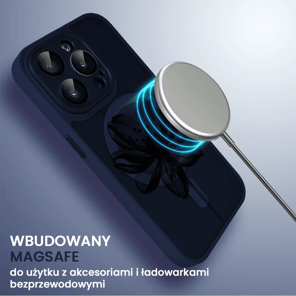 Etui do iPhone 15 Pro Color Flush z Magsafe, z osłoną aparatu, z nadrukiem czarny kwiat, granatowe