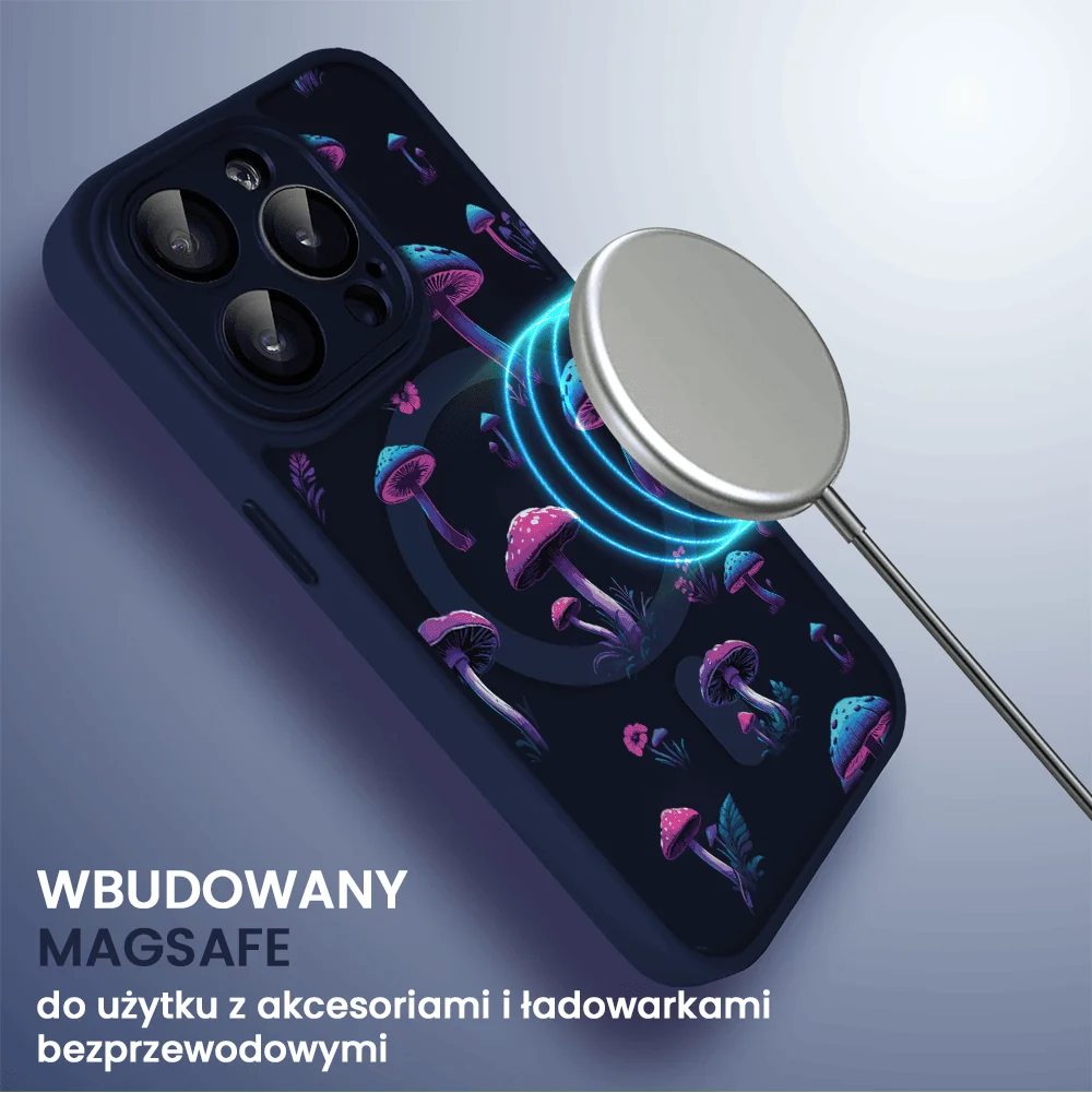 Etui do iPhone 15 Pro Color Flush z Magsafe, z osłoną aparatu, z nadrukiem magiczne grzybki, granatowe