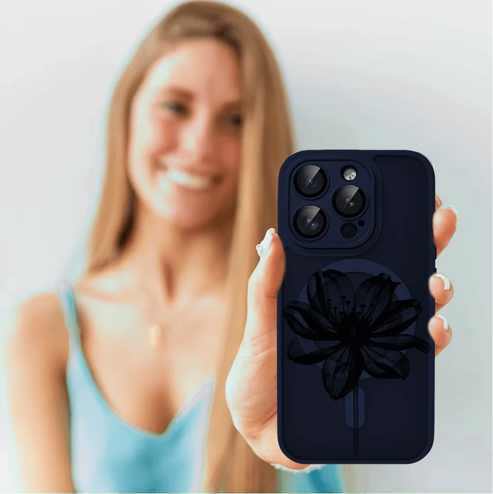 Etui do iPhone 15 Pro Color Flush z Magsafe, z osłoną aparatu, z nadrukiem czarny kwiat, granatowe