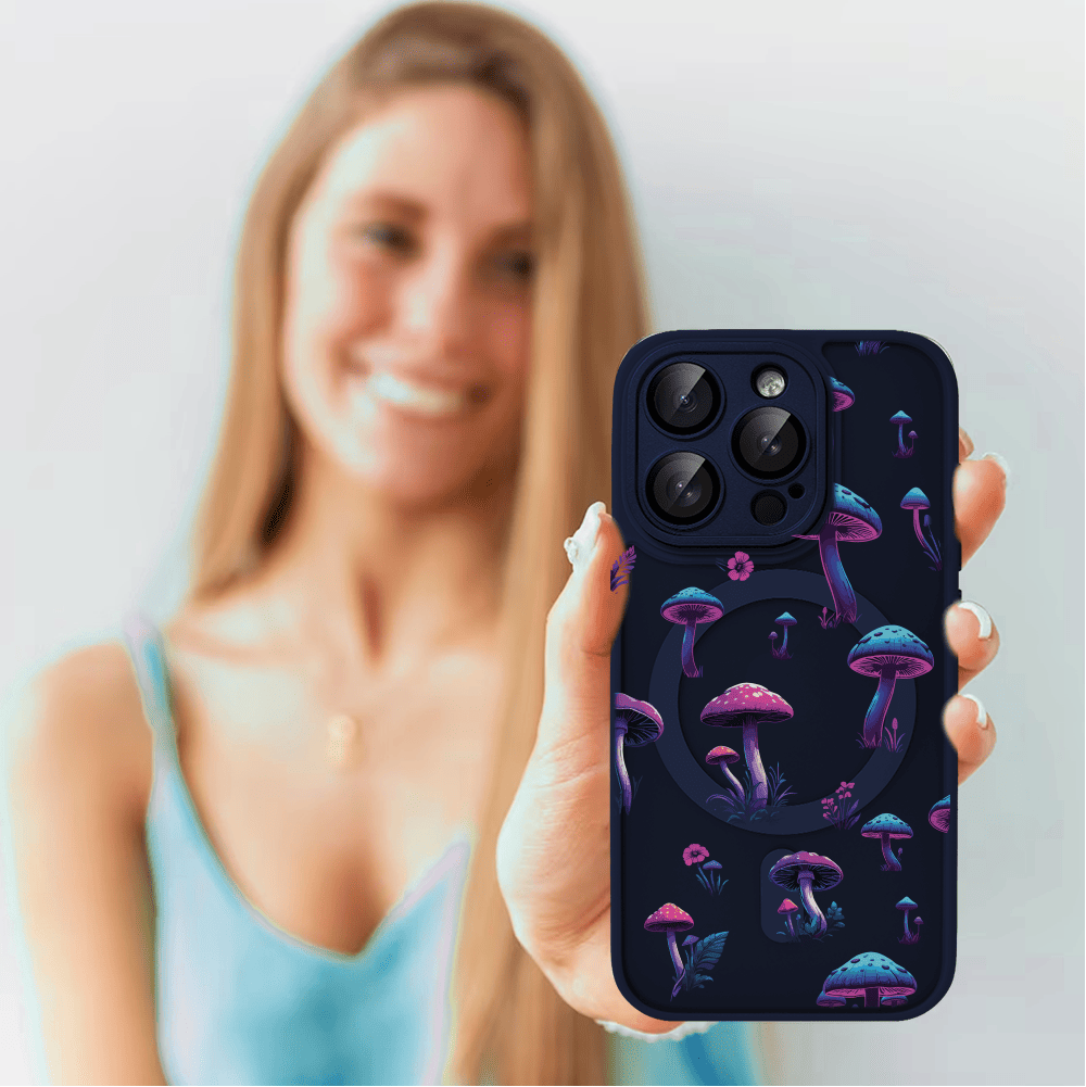 Etui do iPhone 15 Pro Color Flush z Magsafe, z osłoną aparatu, z nadrukiem magiczne grzybki, granatowe