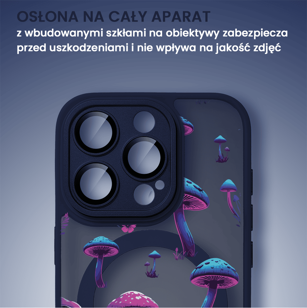 Etui do iPhone 15 Pro Color Flush z Magsafe, z osłoną aparatu, z nadrukiem magiczne grzybki, granatowe