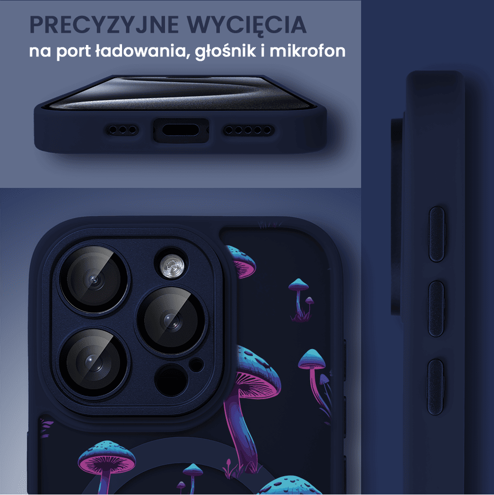 Etui do iPhone 15 Pro Color Flush z Magsafe, z osłoną aparatu, z nadrukiem magiczne grzybki, granatowe