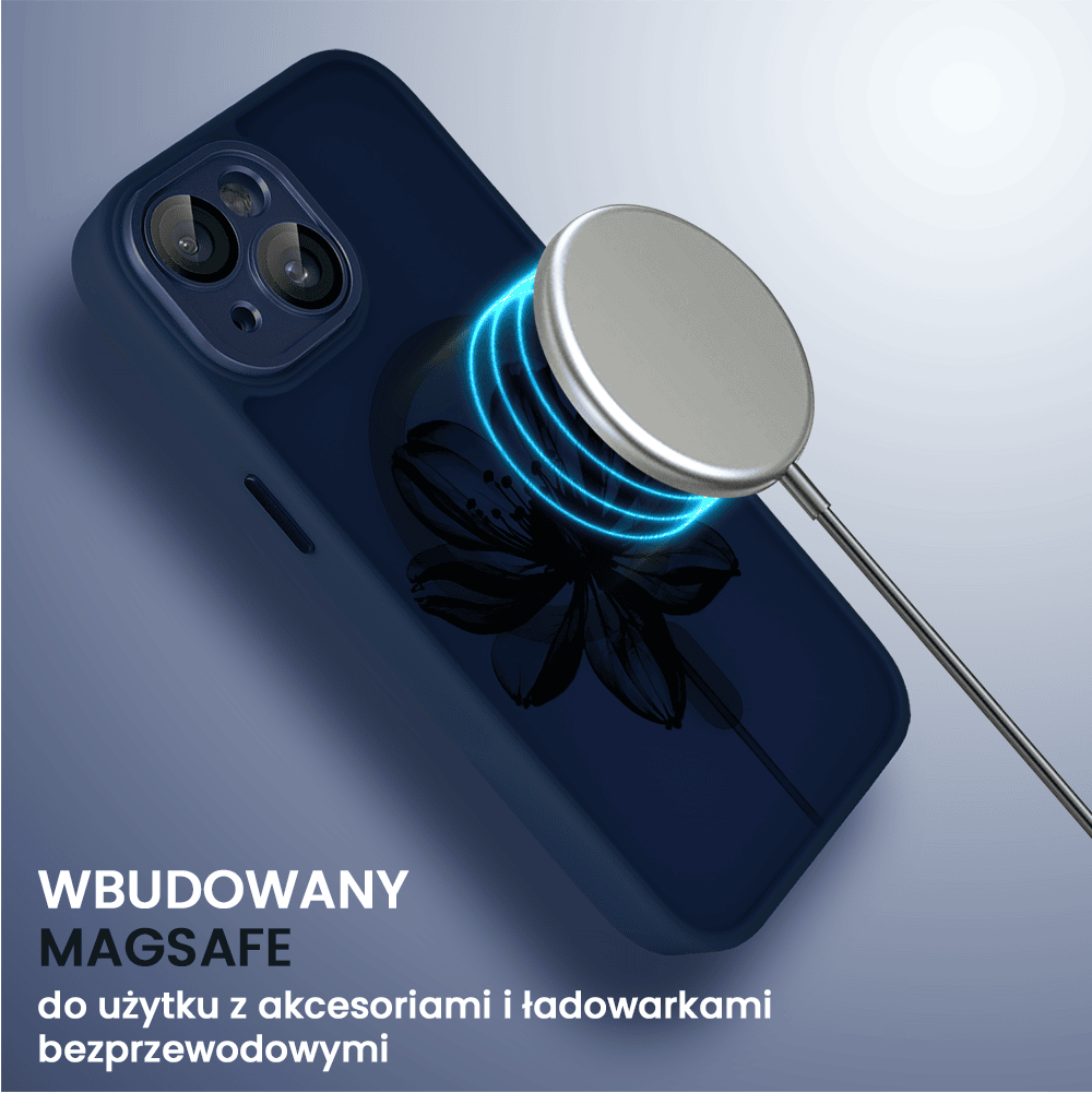 Etui do iPhone 15 Plus Color Flush z Magsafe, z osłoną aparatu, z nadrukiem czarny kwiat, granatowe