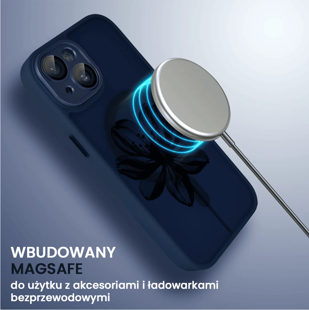 Etui do iPhone 13 Color Flush z Magsafe, z osłoną aparatu, z nadrukiem czarny kwiat, granatowe