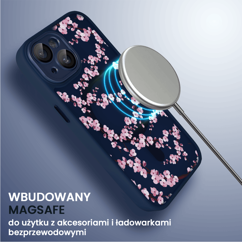Etui do iPhone 14, Color Flush z Magsafe, z osłoną aparatu, z nadrukiem sakura, kwiat wiśni, granatowe