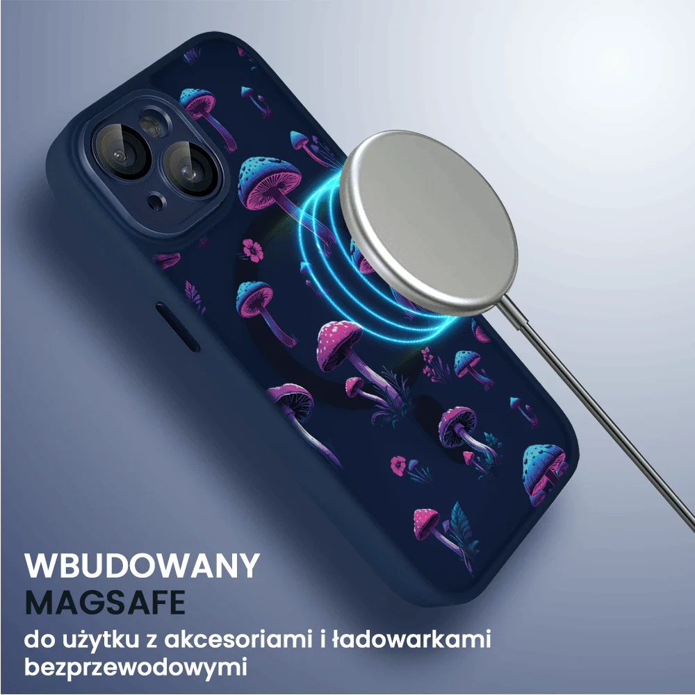 Etui do iPhone 15 Plus Color Flush z Magsafe, z osłoną aparatu, z nadrukiem magiczne grzybki, granatowe