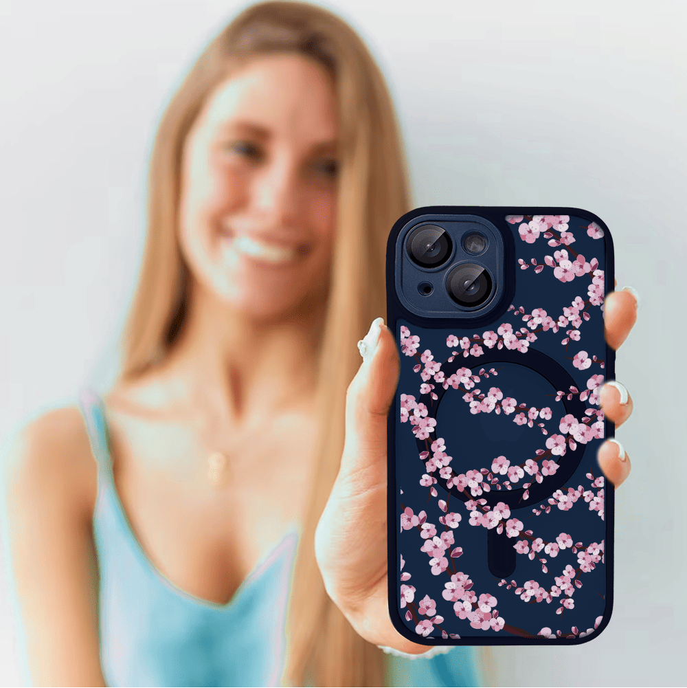 Etui do iPhone 14, Color Flush z Magsafe, z osłoną aparatu, z nadrukiem sakura, kwiat wiśni, granatowe