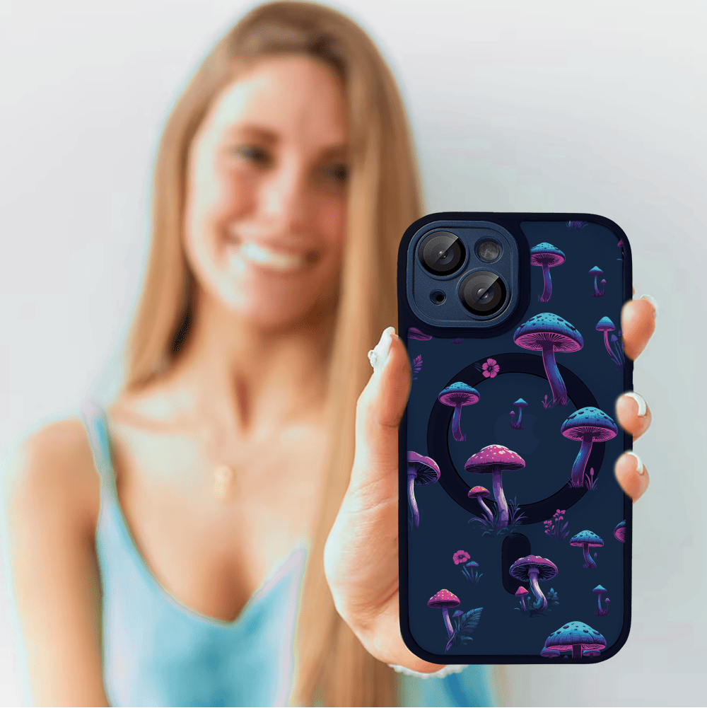 Etui do iPhone 14 Color Flush z Magsafe, z osłoną aparatu, z nadrukiem magiczne grzybki, granatowe