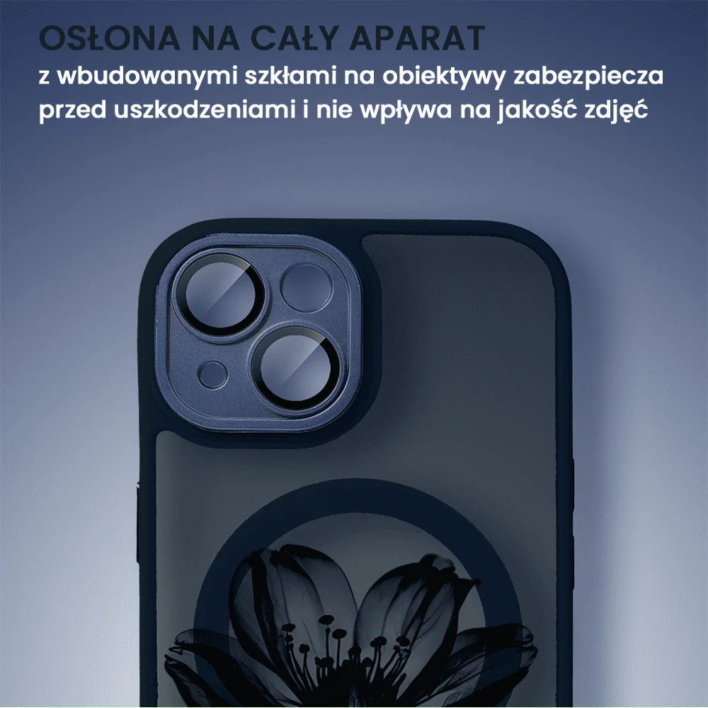 Etui do iPhone 13 Color Flush z Magsafe, z osłoną aparatu, z nadrukiem czarny kwiat, granatowe
