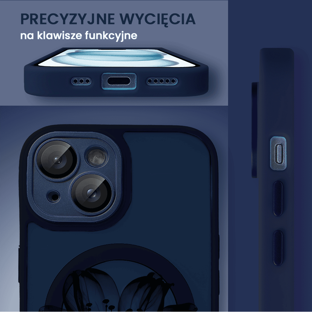 Etui do iPhone 15 Plus Color Flush z Magsafe, z osłoną aparatu, z nadrukiem czarny kwiat, granatowe