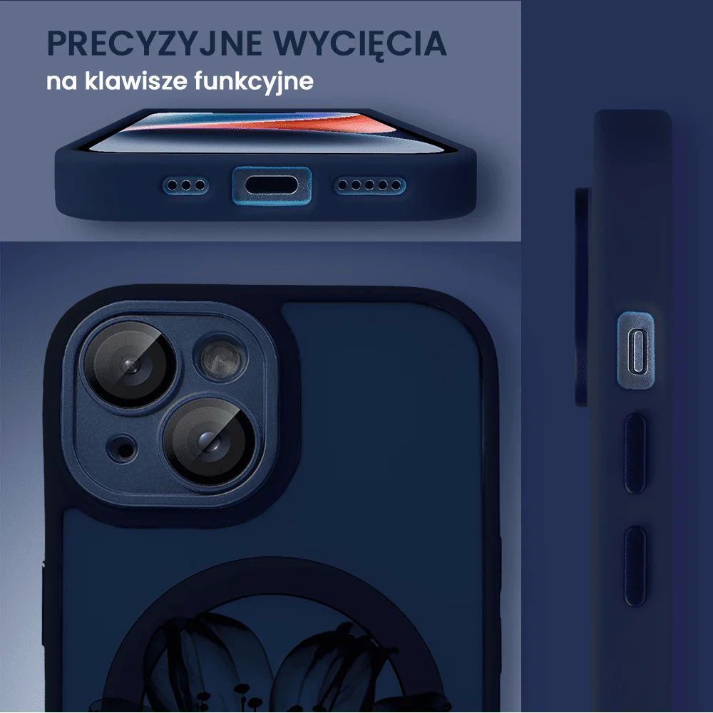 Etui do iPhone 13 Color Flush z Magsafe, z osłoną aparatu, z nadrukiem czarny kwiat, granatowe