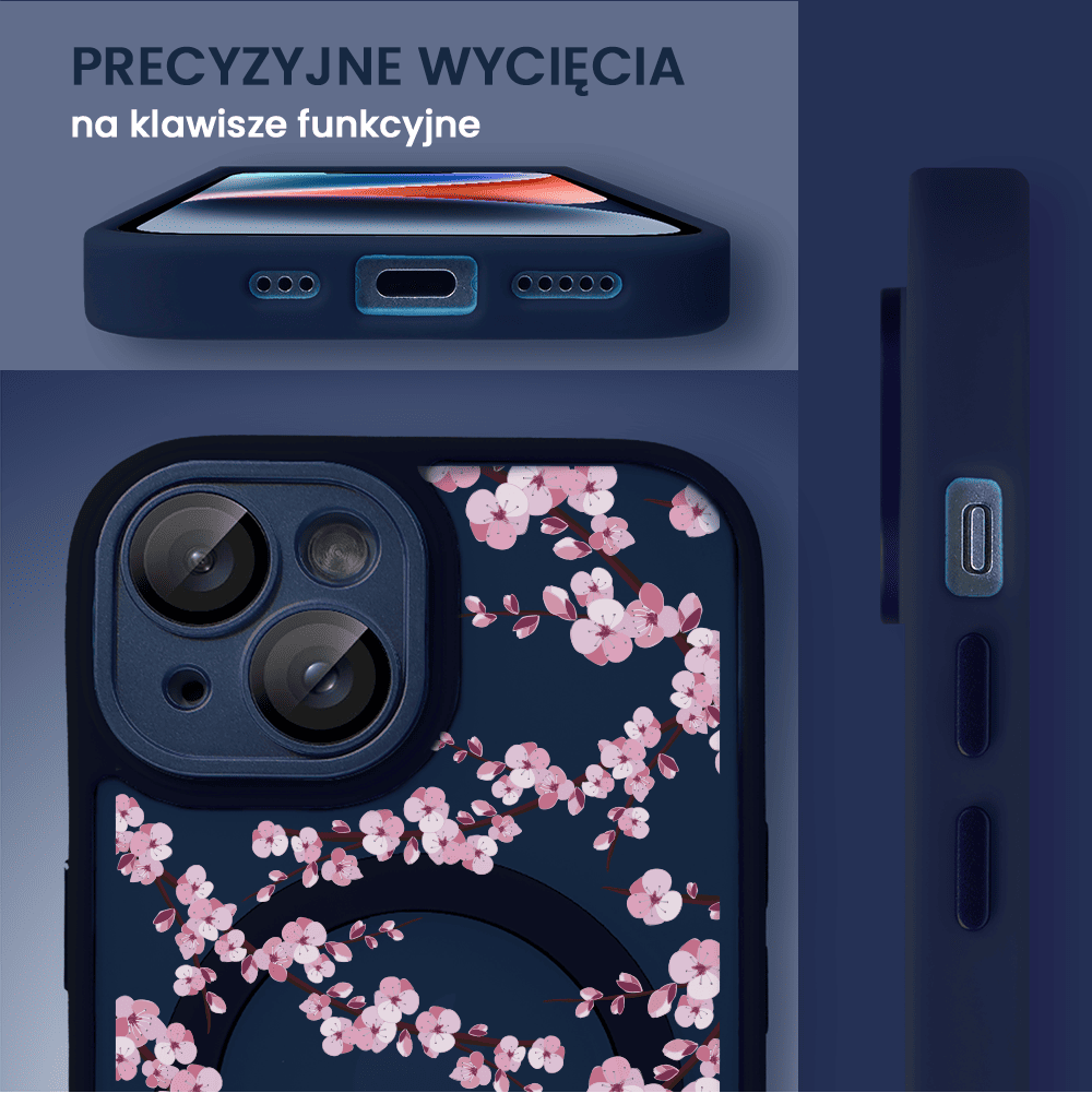 Etui do iPhone 14, Color Flush z Magsafe, z osłoną aparatu, z nadrukiem sakura, kwiat wiśni, granatowe
