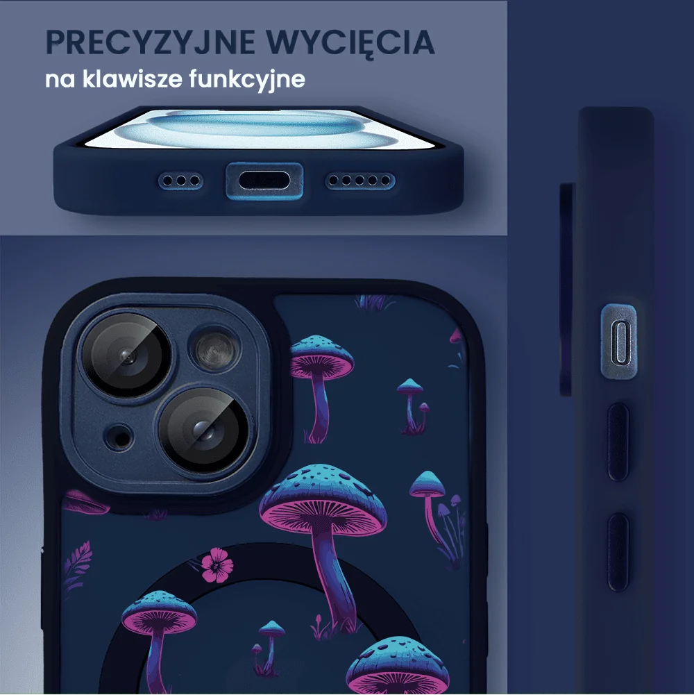 Etui do iPhone 15 Plus Color Flush z Magsafe, z osłoną aparatu, z nadrukiem magiczne grzybki, granatowe