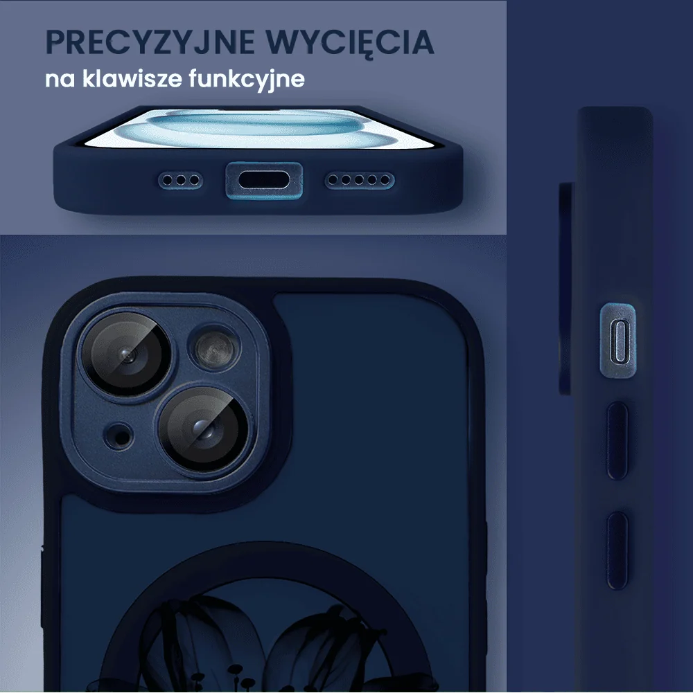Etui do iPhone 15 Color Flush z Magsafe, z osłoną aparatu, z nadrukiem czarny kwiat, granatowe