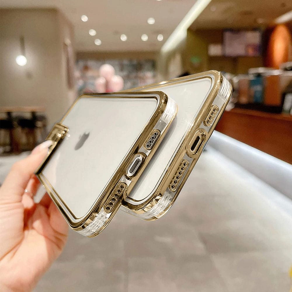 Etui do iPhone 14 kryształowa struktura, osłona na aparat, przeźroczyste ze złotą ramką (OUTLET)