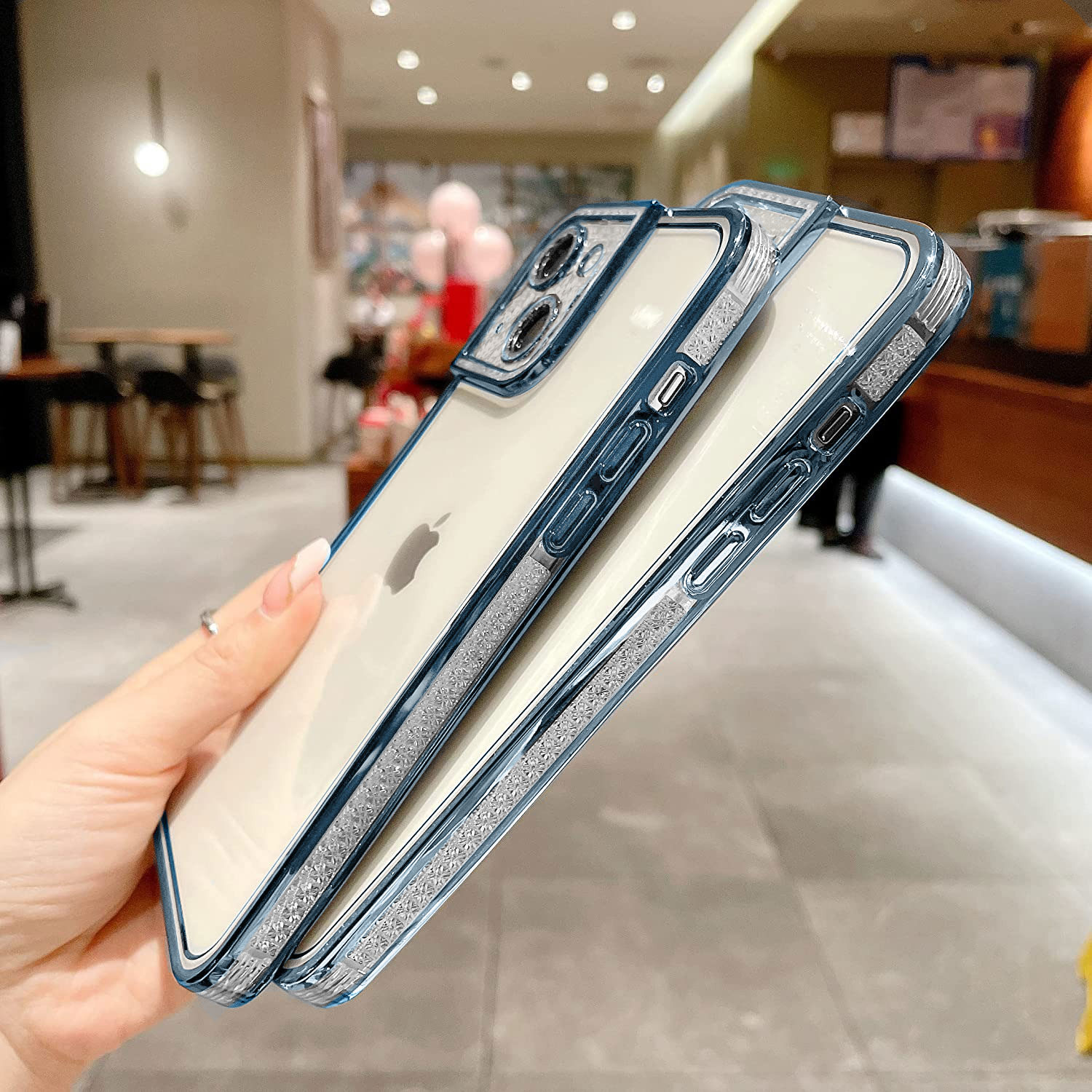Etui do iPhone 14 kryształowa struktura, osłona na aparat, przeźroczyste z niebieską ramką (OUTLET)