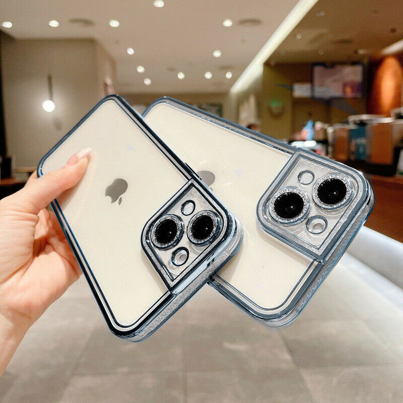 Etui do iPhone 14 kryształowa struktura, osłona na aparat, przeźroczyste z niebieską ramką (OUTLET)