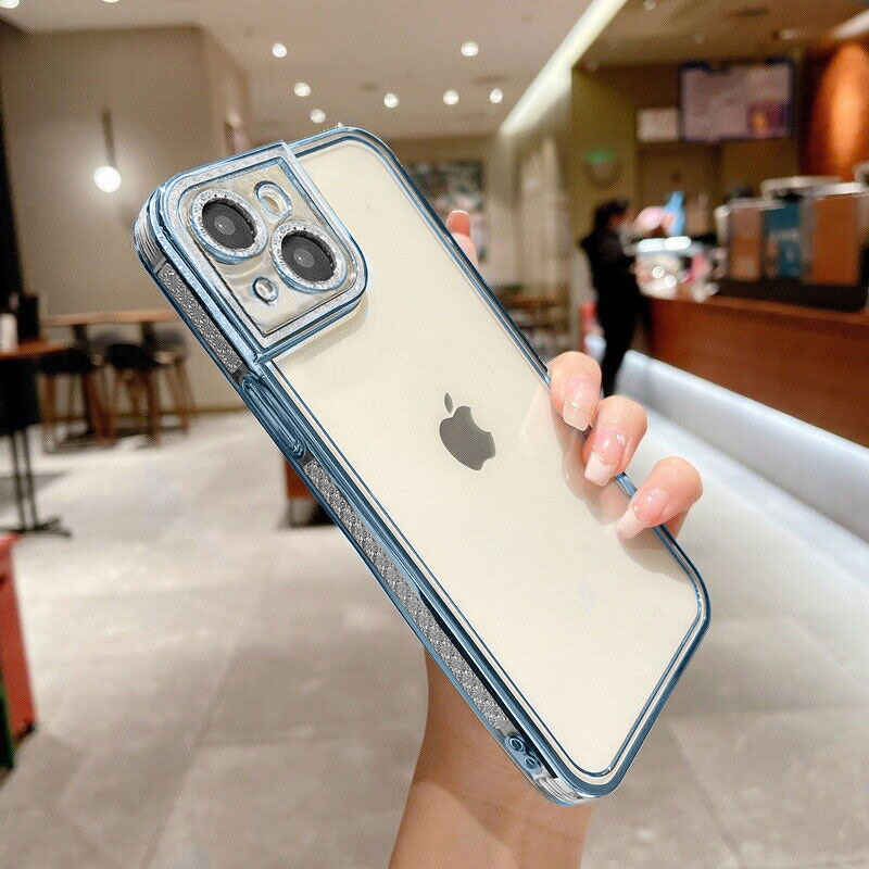 Etui do iPhone 14 kryształowa struktura, osłona na aparat, przeźroczyste z niebieską ramką (OUTLET)