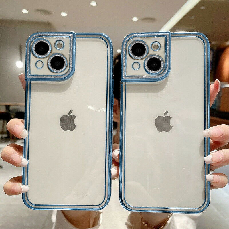 Etui do iPhone 14 kryształowa struktura, osłona na aparat, przeźroczyste z niebieską ramką (OUTLET)