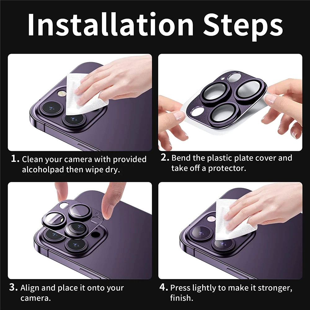 iPhone 14 Pro gładka metalowa osłona na cały aparat, wbudowane szkła 9H, purpurowa, fioletowa