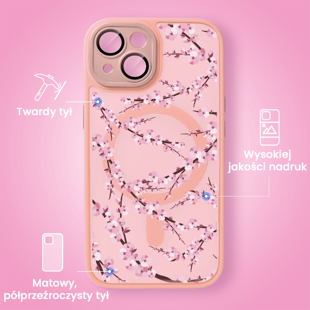 Etui do iPhone 13, Color Flush z Magsafe, z osłoną aparatu, z nadrukiem sakura, kwiat wiśni, różowe