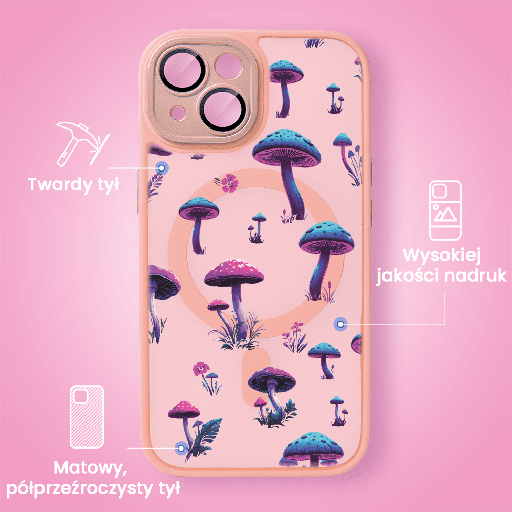 Etui do iPhone 15 Plus Color Flush z Magsafe, z osłoną aparatu, z nadrukiem magiczne grzybki, różowe