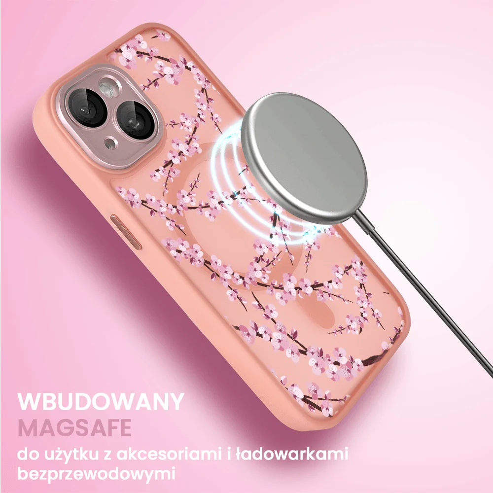 Etui do iPhone 13, Color Flush z Magsafe, z osłoną aparatu, z nadrukiem sakura, kwiat wiśni, różowe