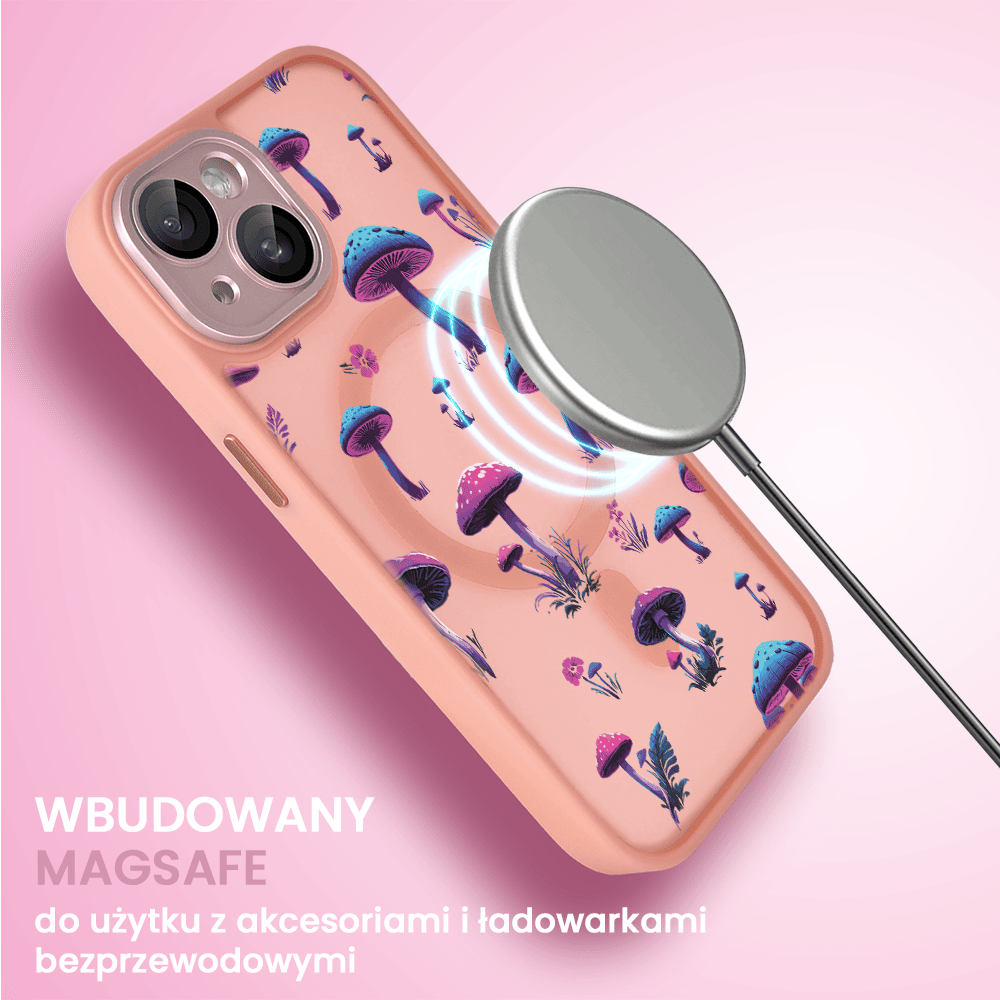 Etui do iPhone 15 Plus Color Flush z Magsafe, z osłoną aparatu, z nadrukiem magiczne grzybki, różowe