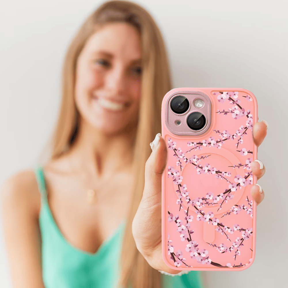 Etui do iPhone 14, Color Flush z Magsafe, z osłoną aparatu, z nadrukiem sakura, kwiat wiśni, różowe