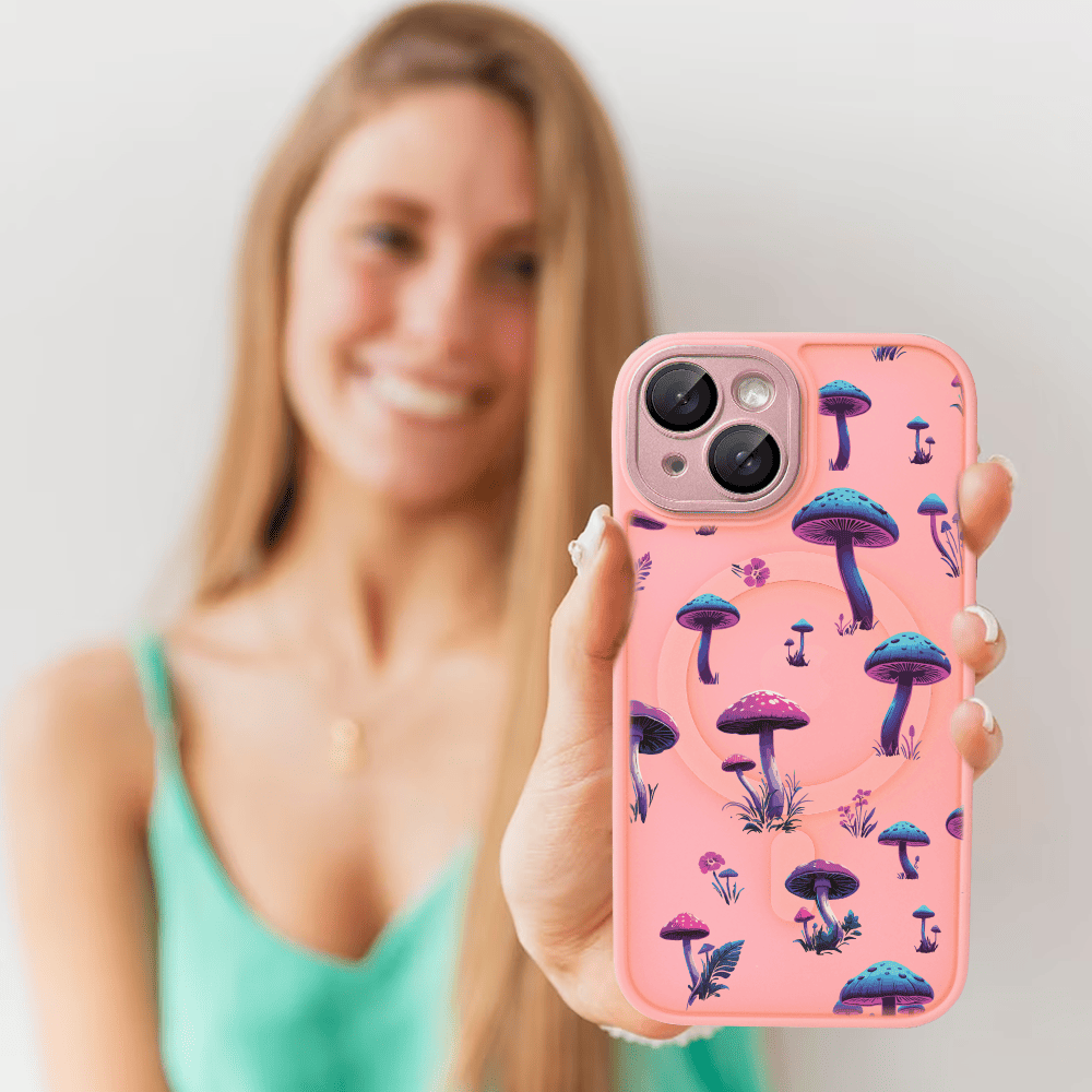 Etui do iPhone 15 Plus Color Flush z Magsafe, z osłoną aparatu, z nadrukiem magiczne grzybki, różowe