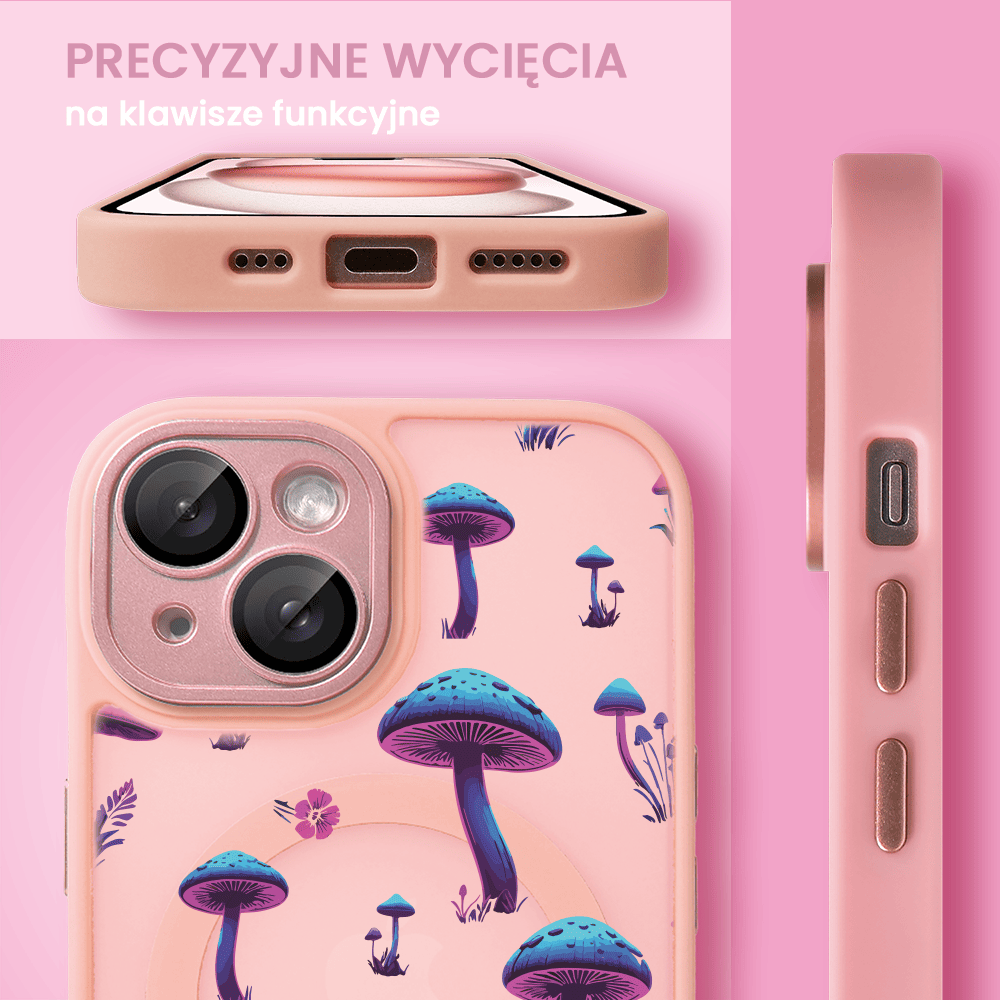 Etui do iPhone 15 Plus Color Flush z Magsafe, z osłoną aparatu, z nadrukiem magiczne grzybki, różowe