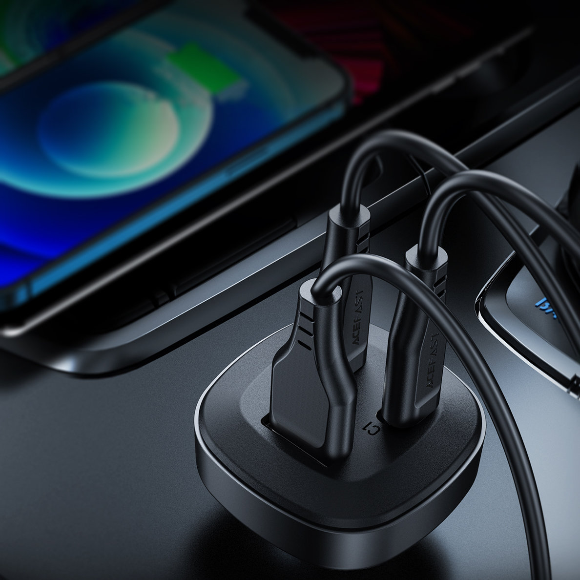 Ładowarka samochodowa trzy porty: 2x USB Typ C + USB 66W QC4.0, AFC