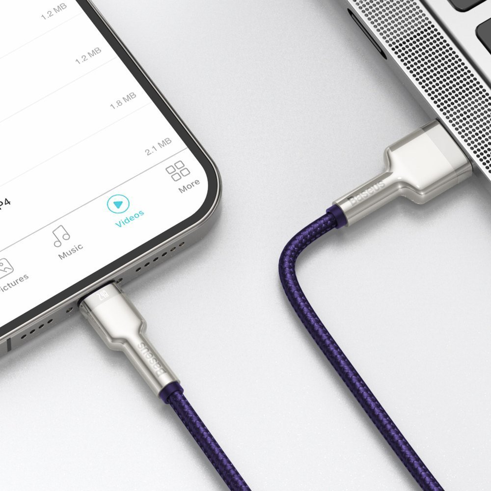 Kabel USB Typ C – Lightning, z metalowymi końcówkami do szybkiego ładowania PD QC, 1 metr, fioletowy purpurowy