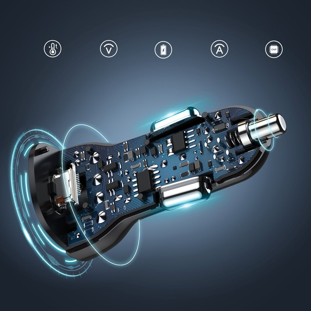 Ładowarka samochodowa 2w1 QC USB + USB Typ C szybkie ładowanie 38W, czarna