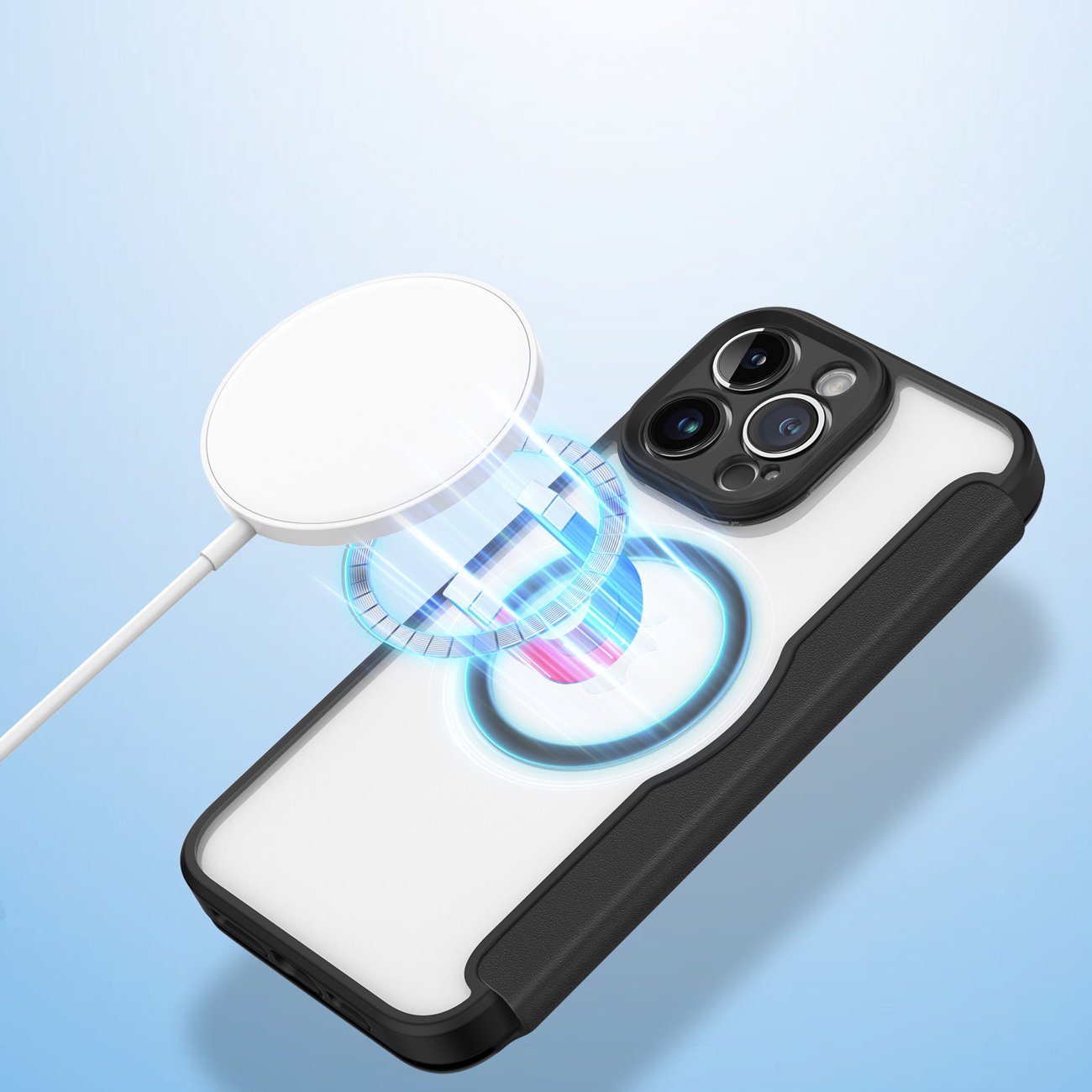 Etui do iPhone 14 Pro zamykane książka z Magsafe, przeźroczysty tył, czarne