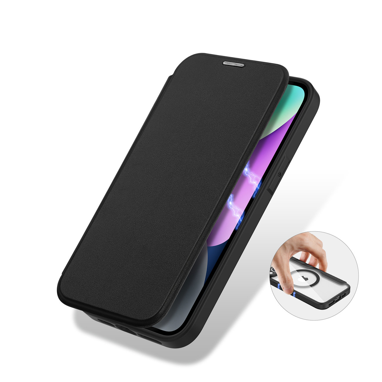 Etui do iPhone 14 Pro zamykane książka z Magsafe, przeźroczysty tył, czarne